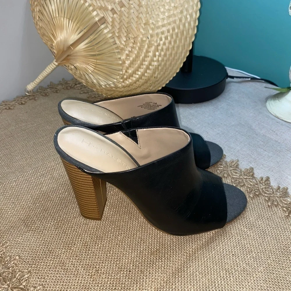 H by Halston Black Open-Toe Mule Heels with Striped Wood Block Heel